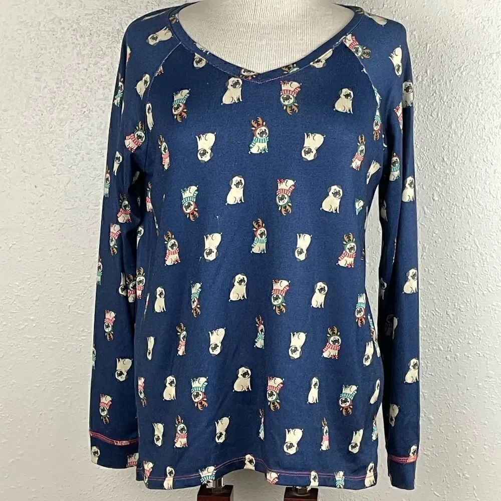 Used Jenni Intimates Womens Blue Reindeer Pug Christmas Pajamas Size M
